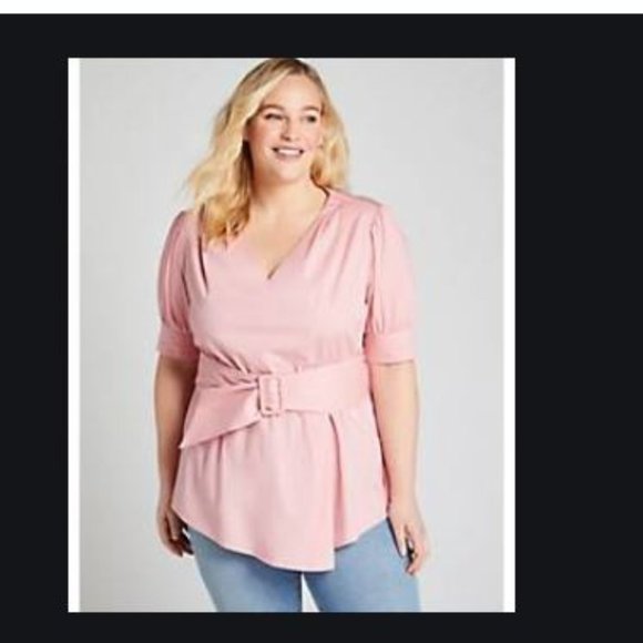 LANE BRYANT BELTED V-NECK TOP NWT 26W PINK